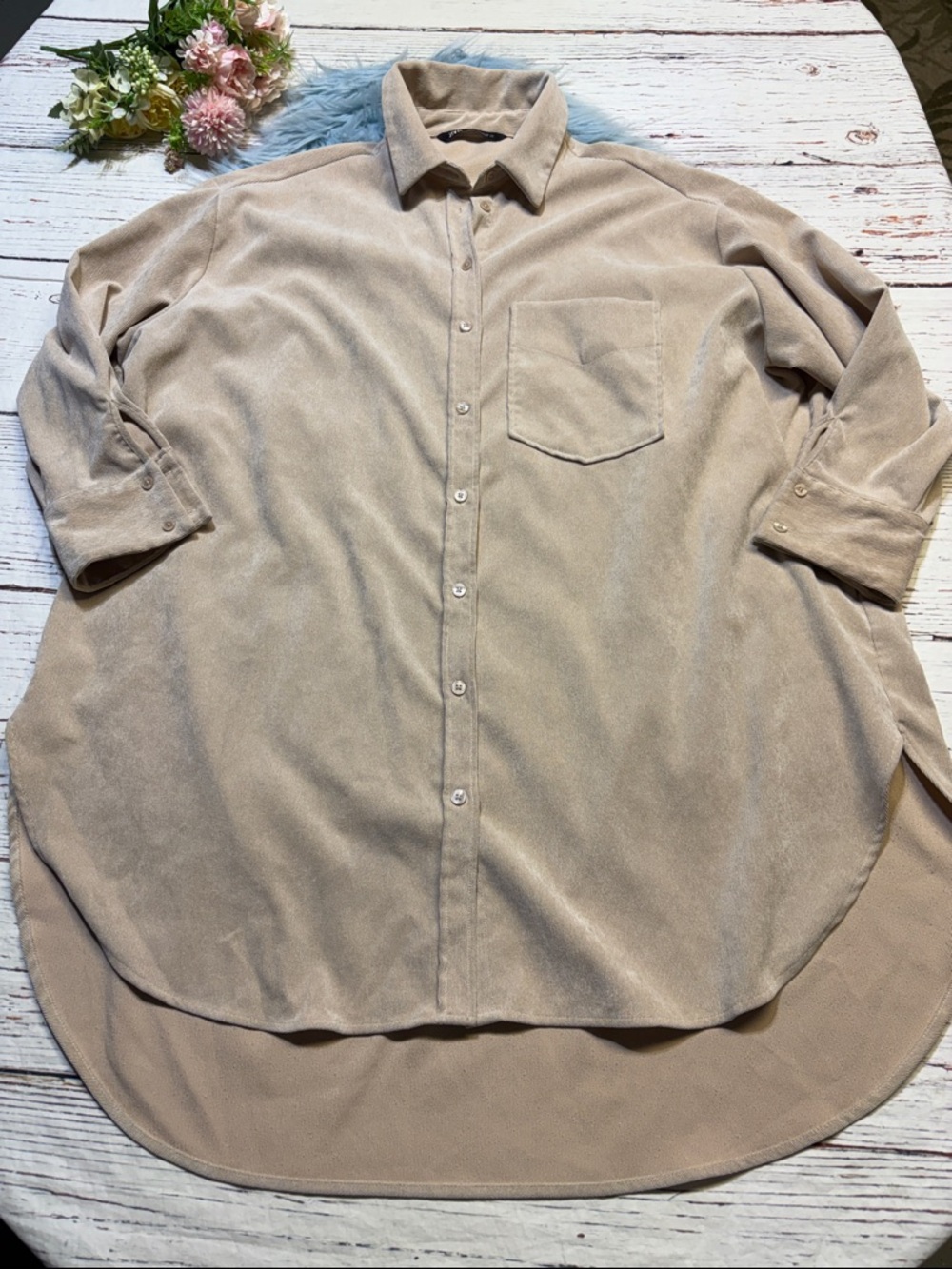 Zara Beige Long-Sleeve Button Down Shirt Dress sz L